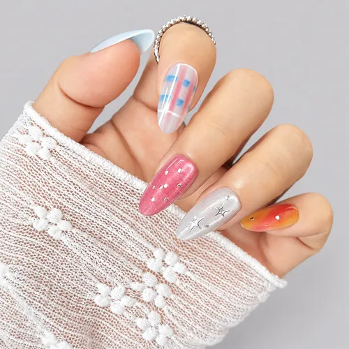 Colorful Blush Ombré Star Cat Eye Almond Press-On Nails