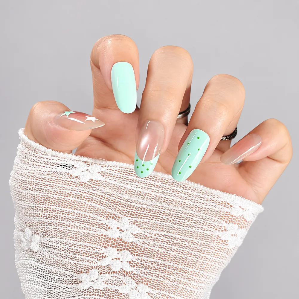 Pastel Star and Dot Cat Eye Medium Oval Press-On Nails