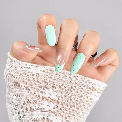 Pastel Star and Dot Cat Eye Medium Oval Press-On Nails