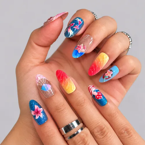 Beach Vacation Embossed Painted Short Almond Press-On Nails