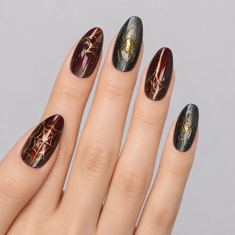 Dark Red Ombré Spider Web Gold Foil Halloween Press-On Nails