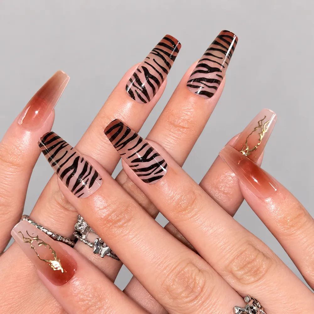 Leopard French Line Gold Foil Medium Square Press-On Nails