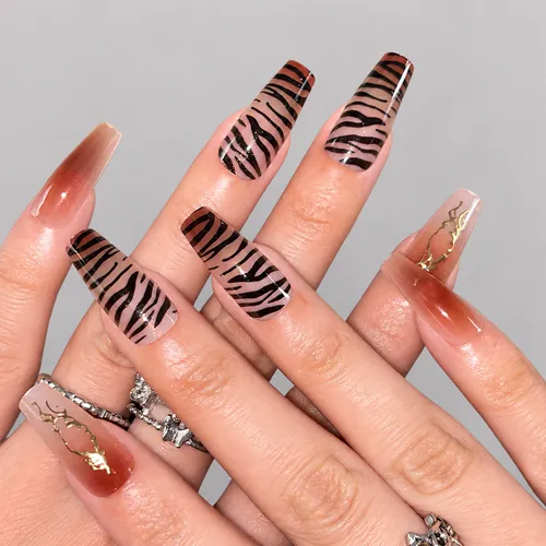 Leopard French Line Gold Foil Medium Square Press-On Nails