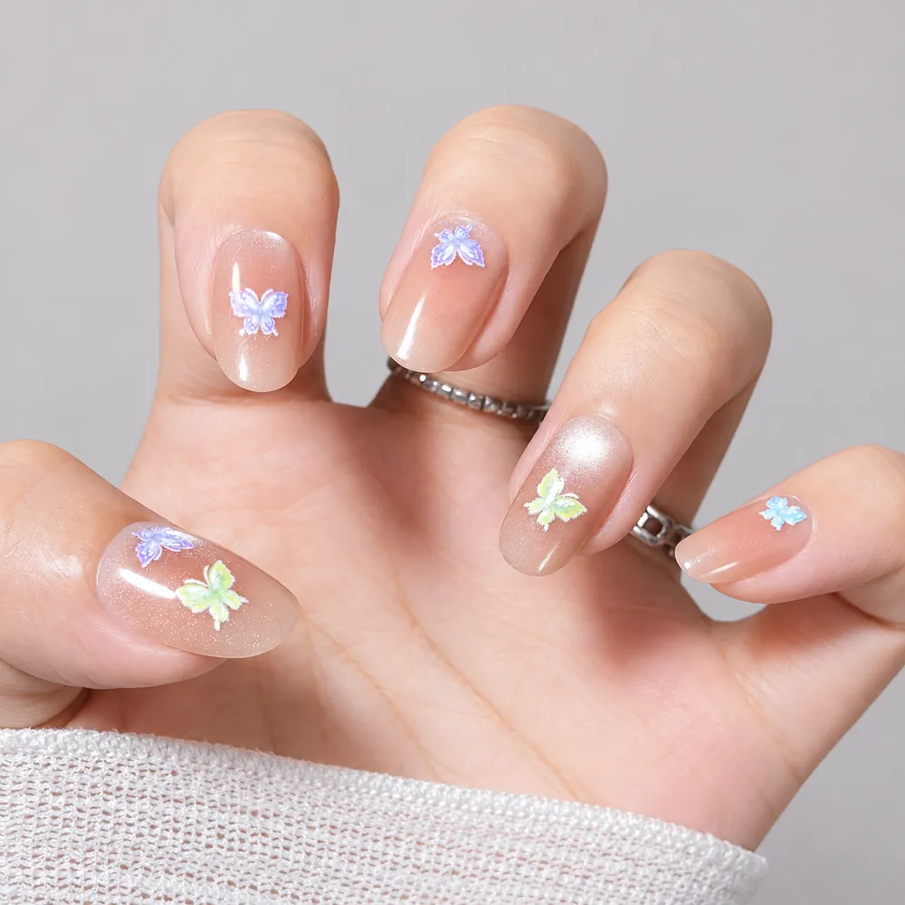 Sheer Nude Butterfly Short Oval Press-On Nails