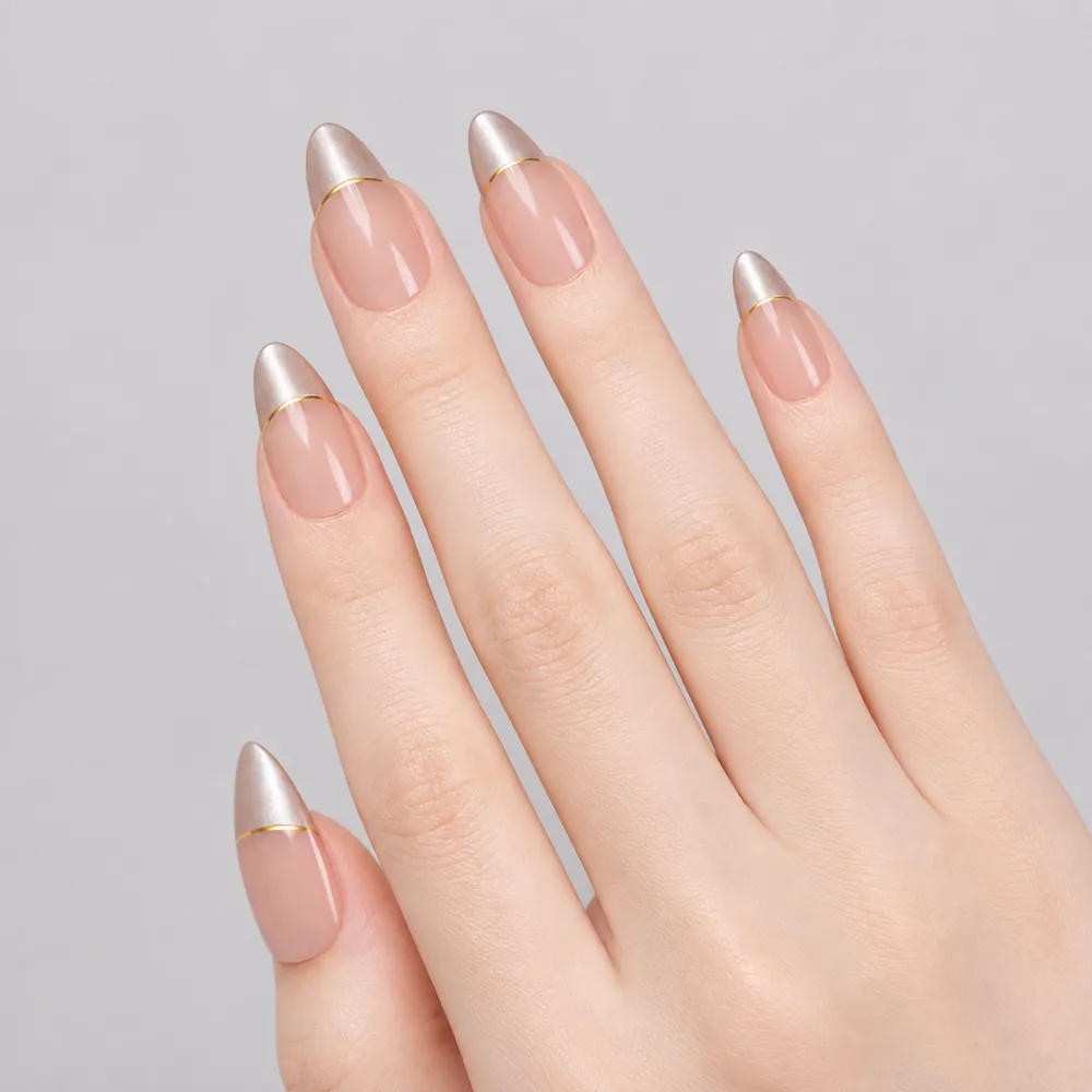 Color-Block Gold Foil French Almond Press-On Nails, 12 Shades