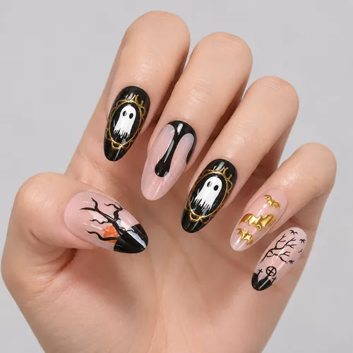 Cute Ghost and Spider Web Gold Foil Halloween Press-On Nails