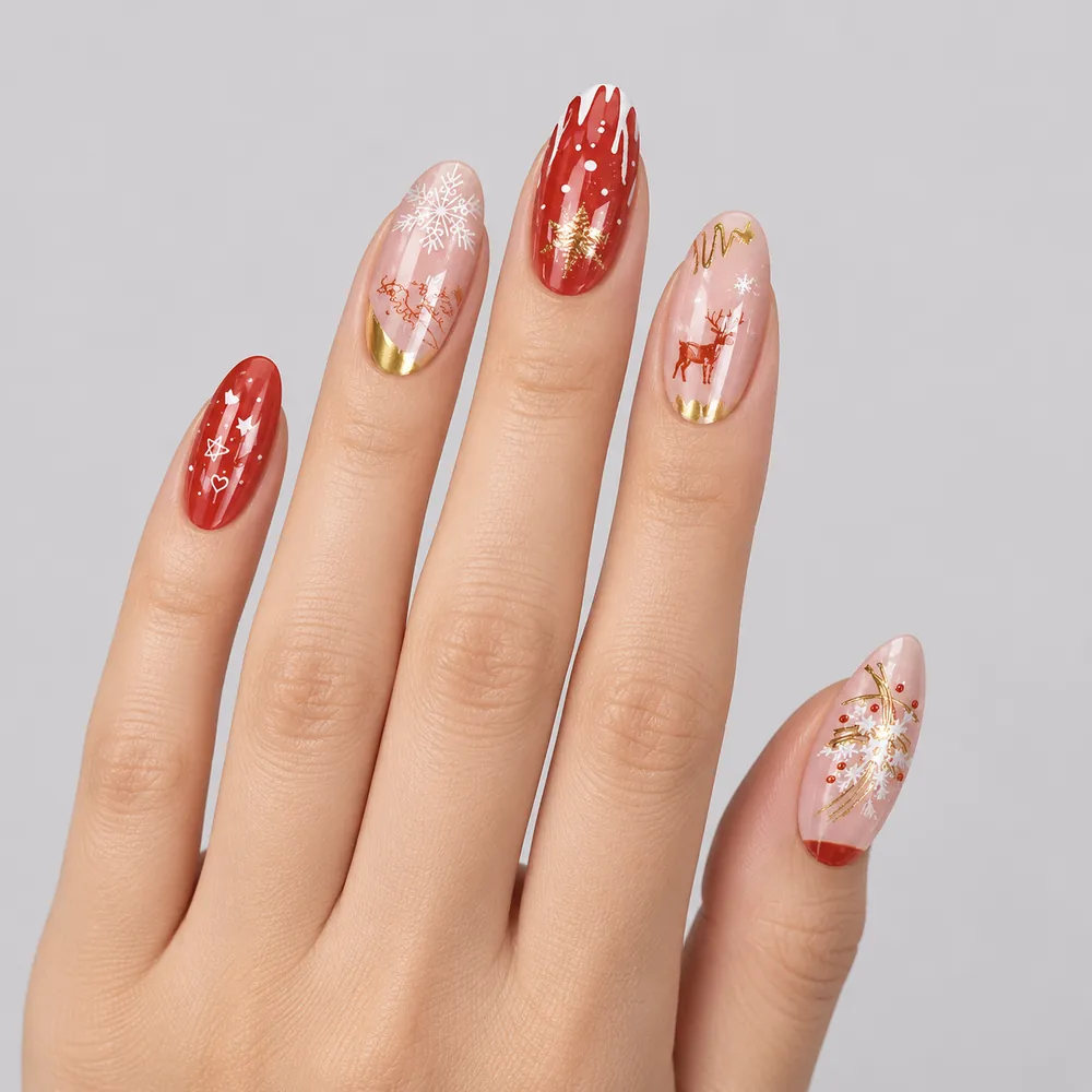 Reindeer and Snowflake Gold Foil French Christmas Press-On Nails