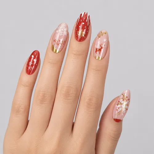 Reindeer and Snowflake Gold Foil French Christmas Press-On Nails