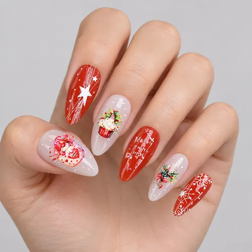 Snowflake and Star Christmas Cat Eye Almond Press-On Nails