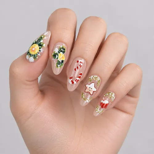 Christmas Tree and Orange Star Cat Eye Almond Press-On Nails