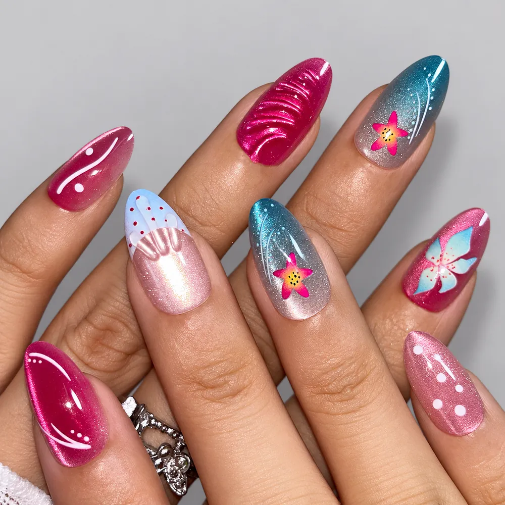 3D Gel Flower Blush Cat Eye Short Almond Press-On Nails