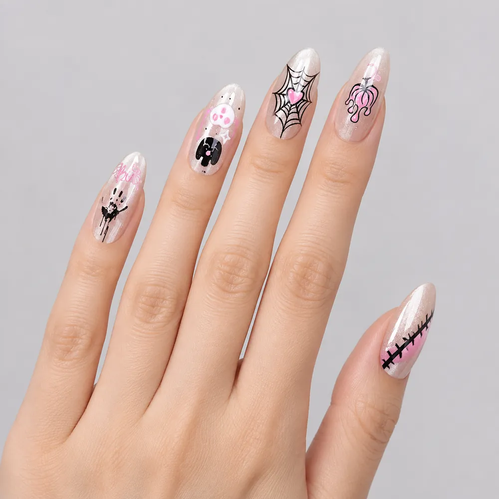 Pink Bow and Spider Web Halloween Cat Eye Press-On Nails