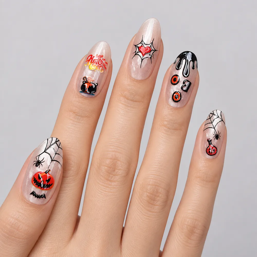 Dark Party Pumpkin and Spider Halloween Press-On Nails