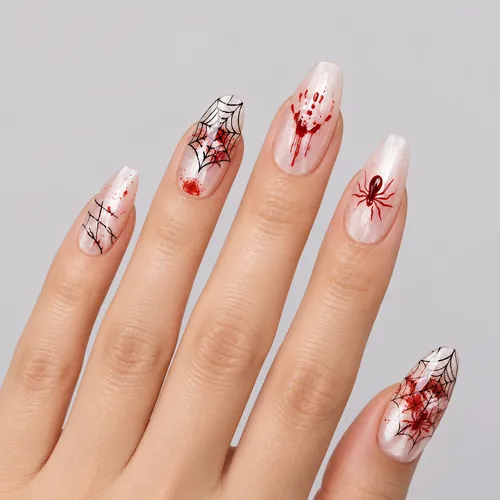 Red Spider Web Ombré Cat Eye Halloween Almond Press-On Nails