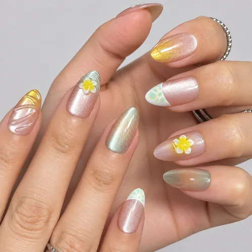 Fresh Flower French Ombré Cat Eye Short Almond Press-On Nails