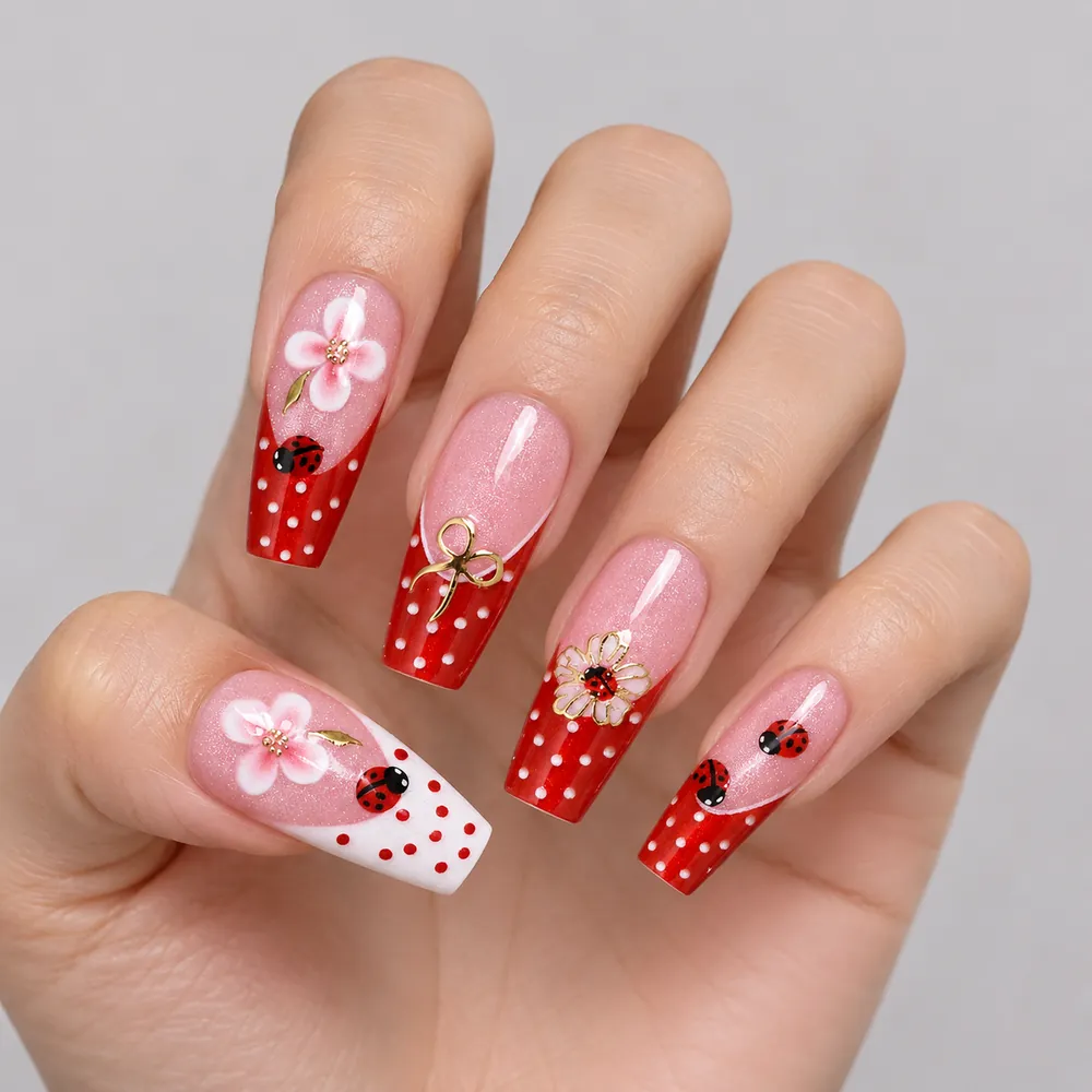 Wine Red French Ladybug and Polka Dot Medium Square Press-On Nails