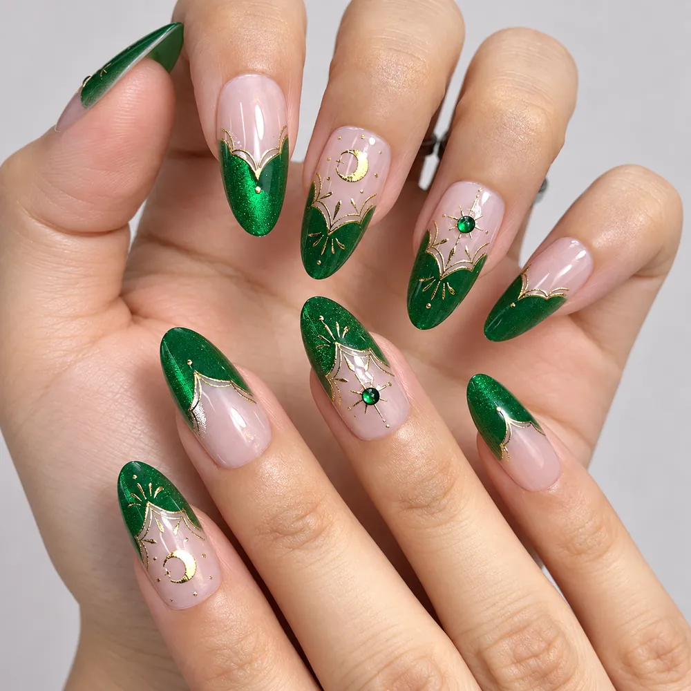 Green French Rhinestone Star Cat Eye Almond Press-On Nails