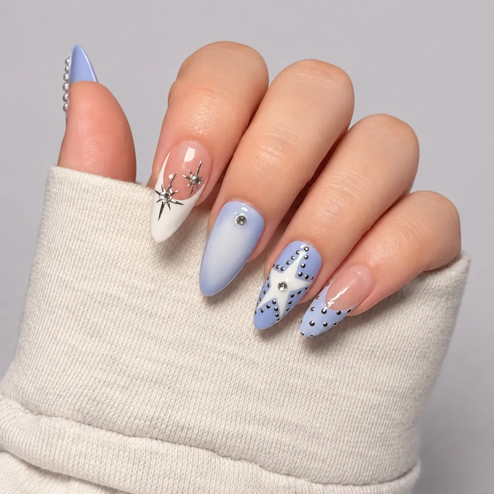 Blue Ombré Star Rhinestone French Almond Press-On Nails