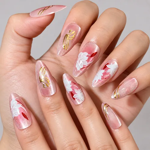 Flower Blush Ombré Cat Eye Almond Press-On Nails