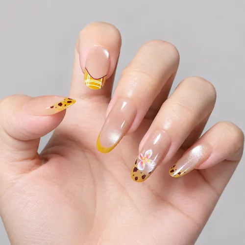 Yellow Leopard and Tiny Flower Sheer Medium Oval Press-On Nails