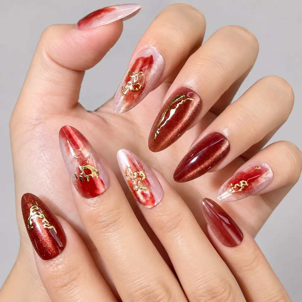 Vintage Wine Red Gold-Edge Cat Eye Almond Press-On Nails