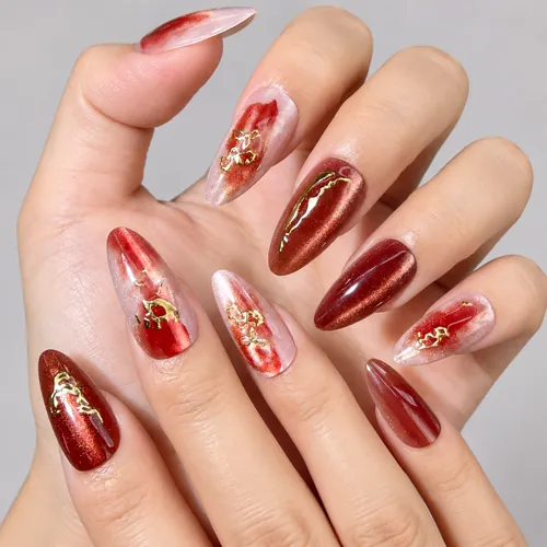 Vintage Wine Red Gold-Edge Cat Eye Almond Press-On Nails