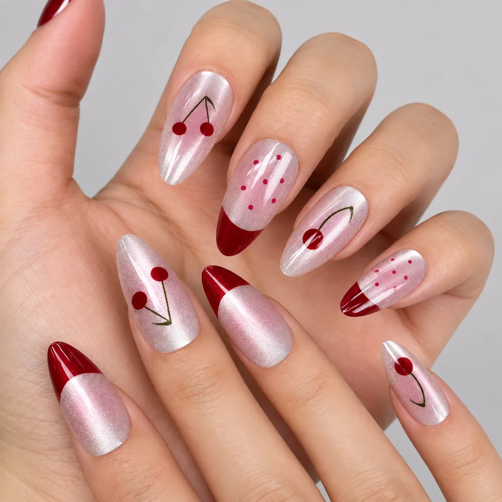 Cherry French Mirror Cat Eye Almond Press-On Nails