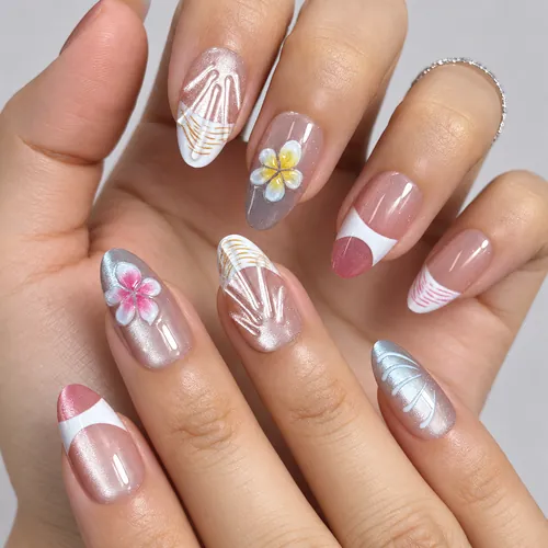 3D Blossom French Ombré Cat Eye Short Almond Press-On Nails