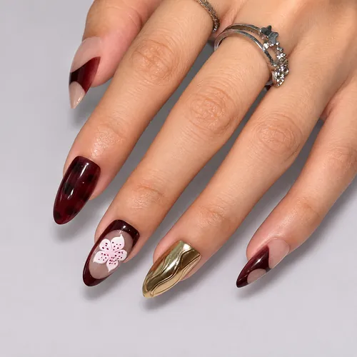 Wine Red Amber Gold Branch Almond Press-On Nails