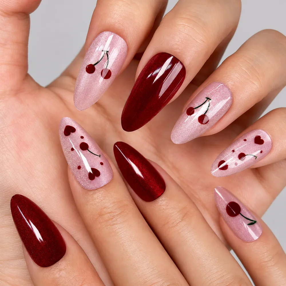 Wine Red Cherry and Polka Dot Almond Press-On Nails