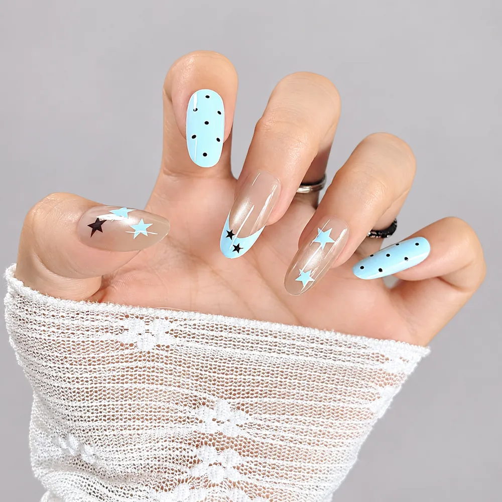 Blue and Pink Star Polka Dot Cat Eye Medium Oval Press-On Nails