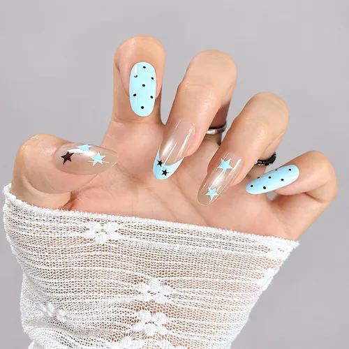Blue and Pink Star Polka Dot Cat Eye Medium Oval Press-On Nails