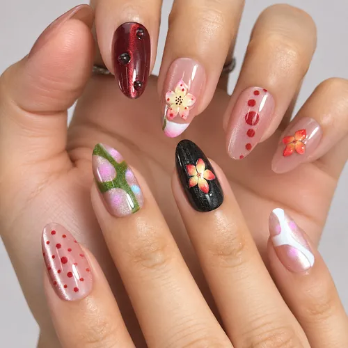 Bright 3D Flower Ombré Cat Eye Short Almond Press-On Nails