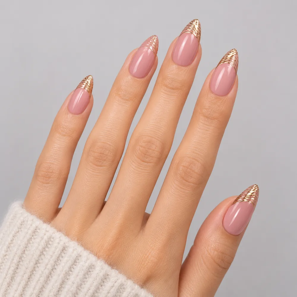 Aurora Gold Foil French Almond Press-On Nails, 12 Shades