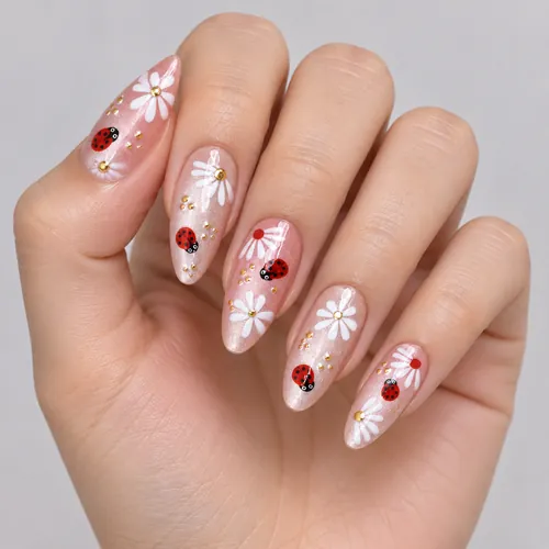 White Flower and Ladybug Gold Foil Cat Eye Almond Press-On Nails