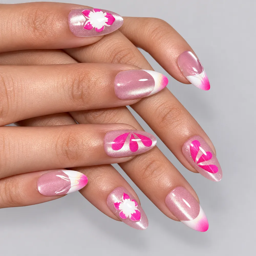 Magenta Flower and Blush Cat Eye Short Almond Press-On Nails