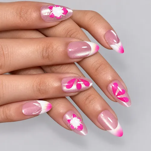 Magenta Flower and Blush Cat Eye Short Almond Press-On Nails