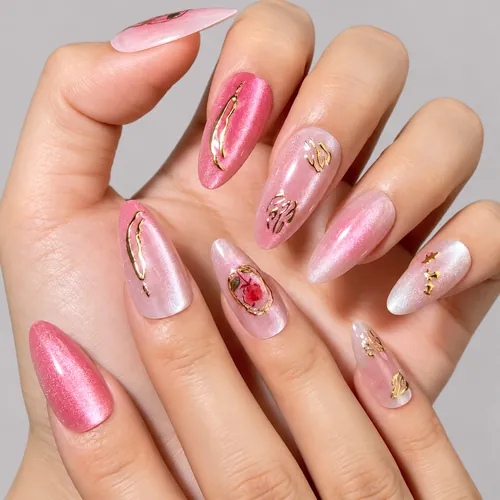Rose Gold Foil Aura Cat Eye Almond Press-On Nails