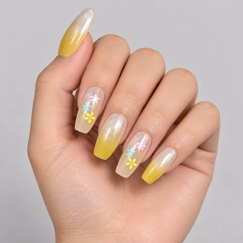 Nude and Turmeric Ombré Painted Flower Press-On Nails