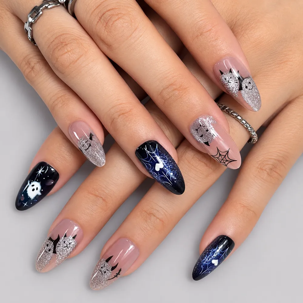 Ghost and Starry Sky Halloween Cat Eye Press-On Nails