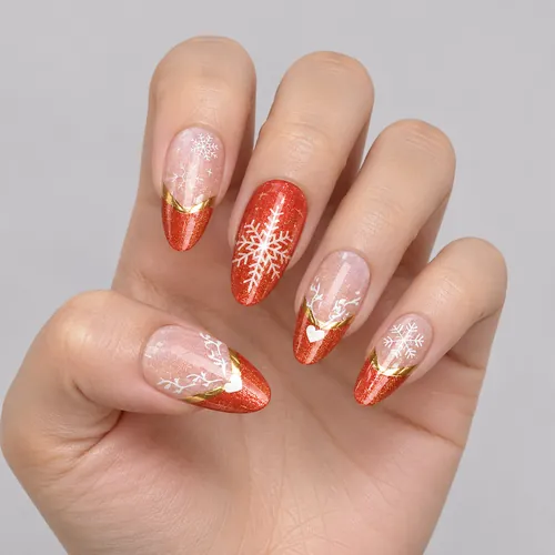 Color-Block Reindeer Gold Foil Christmas Cat Eye Press-On Nails