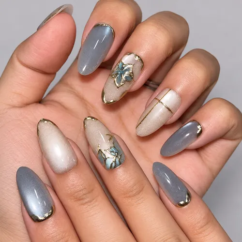 Misty Blue 3D Flower Cat Eye Short Almond Press-On Nails