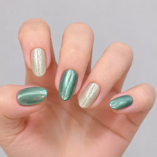 Pearl White and Green Polka Dot Cat Eye Oval Press-On Nails