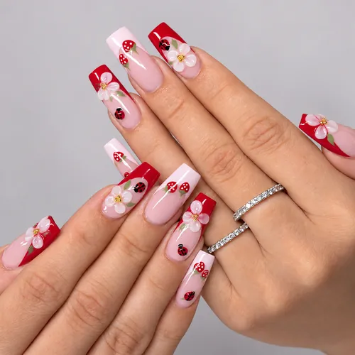Strawberry and Flower White French Medium Square Press-On Nails