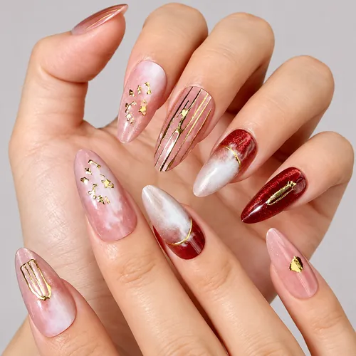 Wine Red Ombré Gold Foil Star Almond Press-On Nails