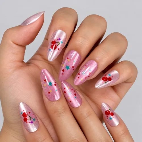 Red Cherry and Heart Cat Eye Almond Press-On Nails