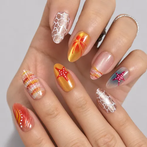 3D Wave, Starfish and Shell Short Almond Press-On Nails