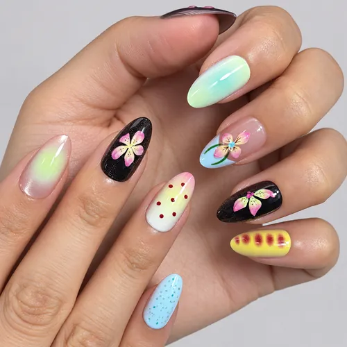Fresh 3D Flower and Dot Ombré Short Almond Press-On Nails