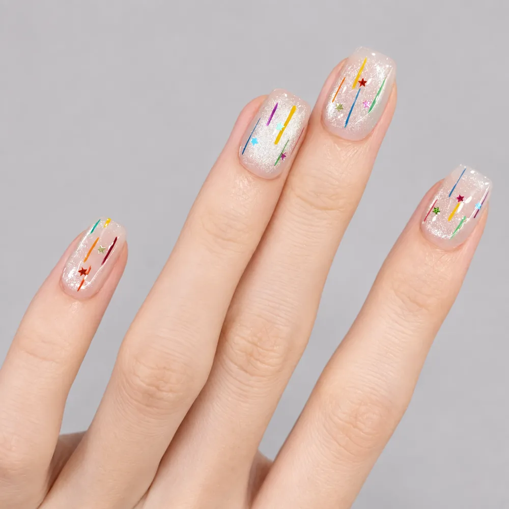 Clear Summer Dot and Line Cat Eye Short Square Press-On Nails