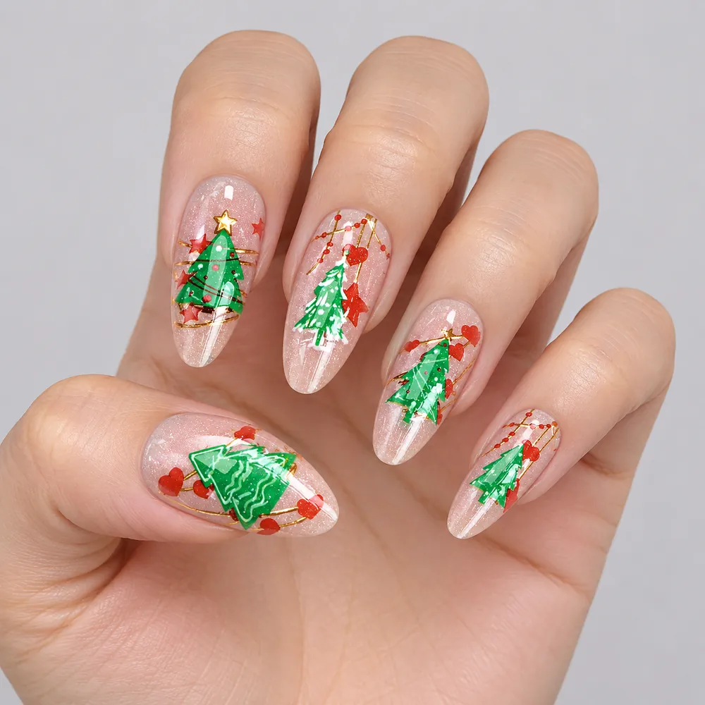 Christmas Tree and Heart Sparkle Cat Eye Press-On Nails